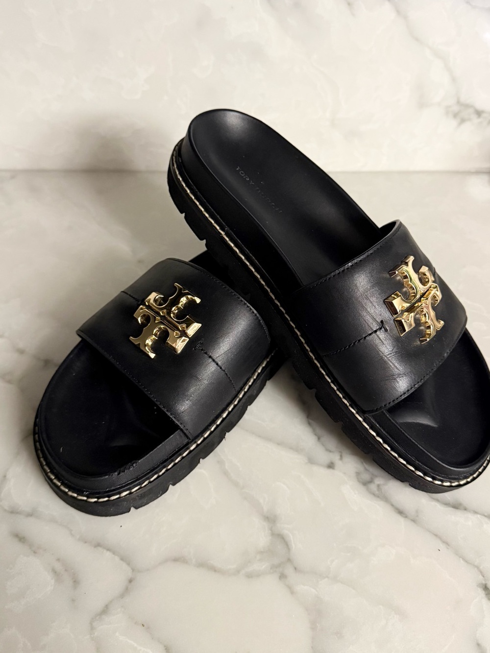 Tory Burch Black and Gold Sandal Slides